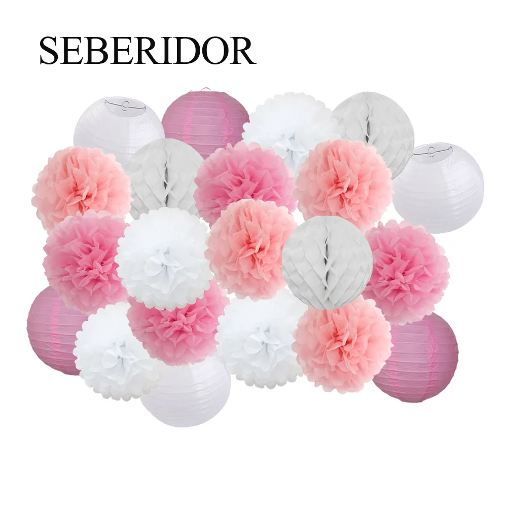 Hot 21 Pieces Pink Set Round Paper Lantern For Baby Girl Shower Decoration Baptism Party Decor Hanging Pompom Crafts Ornament