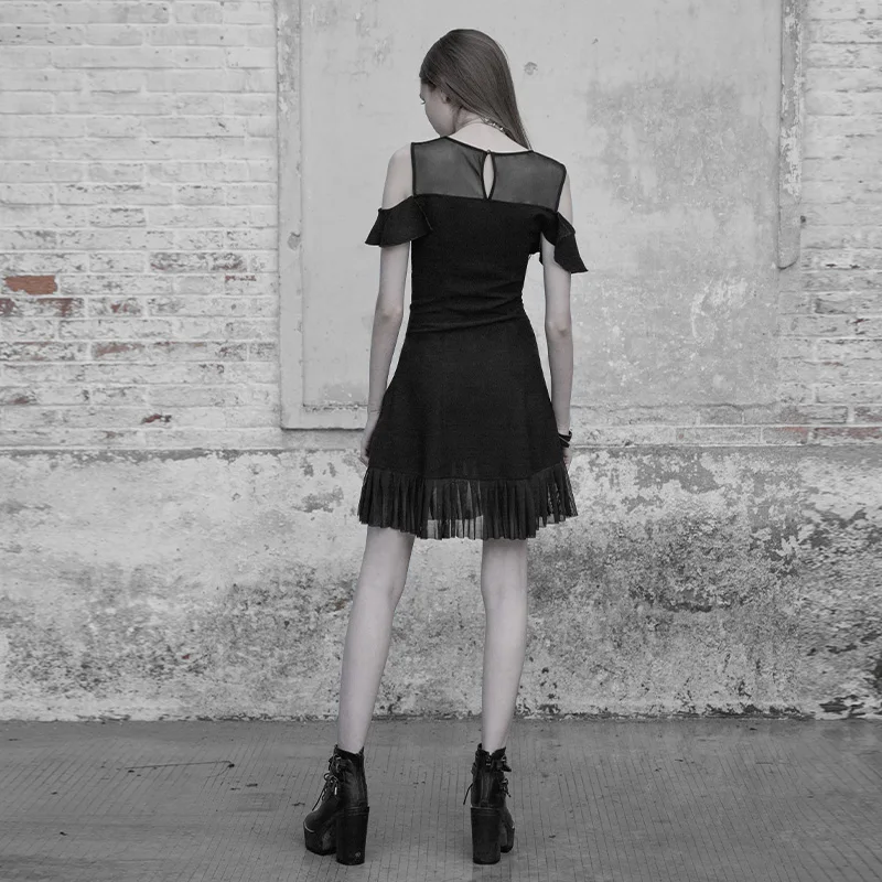 PUNK RAVE Women's Mesh Stitching Chiffon Lotus Leaf Edge Strapless Dress Hollow Butterfly Arm A Pendulum Dress