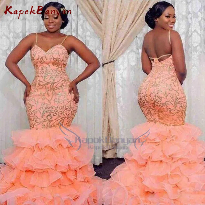 Plus Size Orange Applique Ruffles Mermaid Prom Party Gowns Spaghetti Zipper Back Long Evening Dresses Formal Party Dress