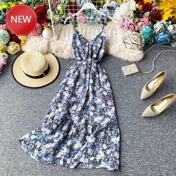 

Slip Dressfashion women's clothing Print Sleeveless Spaghetti Strap V-Neck sweater dressStreetwear Women