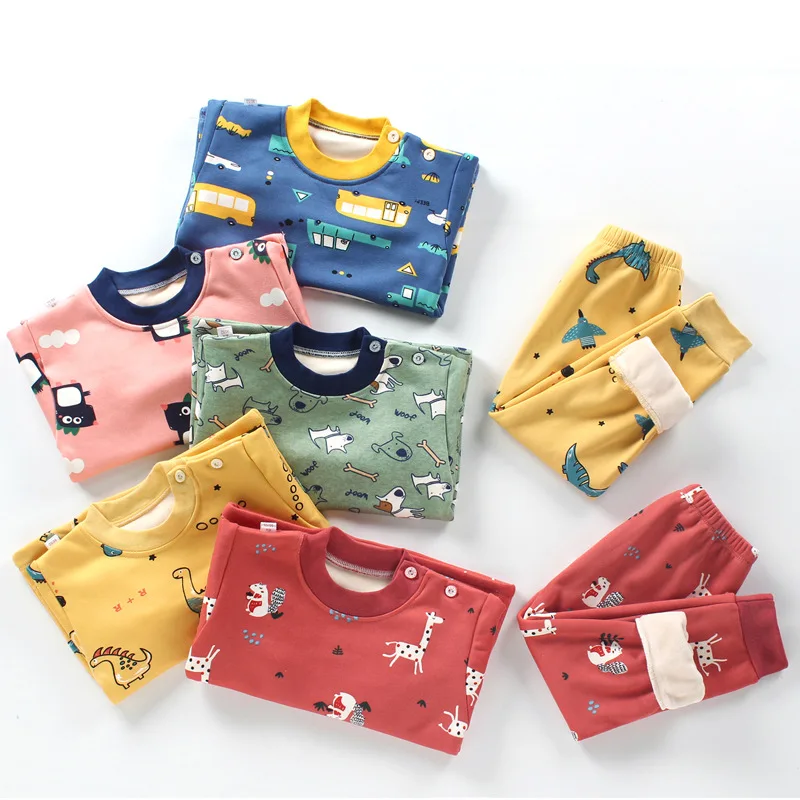 

Thermal Underwear Plus Velvet Pajamas Kids Cotton Pajamas Baby Long Sleeved Pajamas Set Winter Baby Children'S Clothing Suit