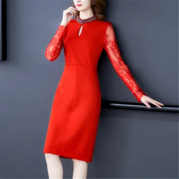 

Dinner red dress 2019 autumn and winter new stand-up collar beaded retro lace dress