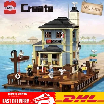 

2200PCS PG-12001 Creative Street View Series Fishing House Diving Shop Coastal Wharf Model Building Blocks Bricks Kids Toys Gift