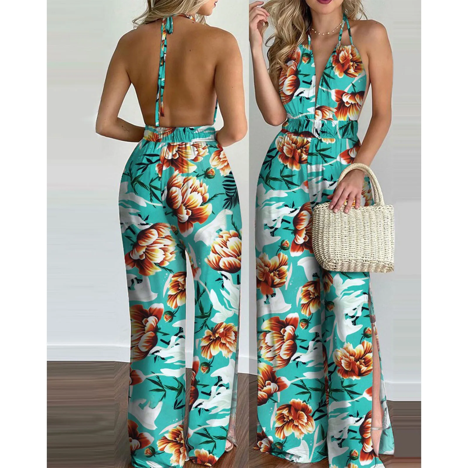 Boho Style Women Floral Print Long Jumpsuits Summer Sleeveless Deep V neck  Backless Halter Loose Jumpsuit For Holiday Wear| | - AliExpress