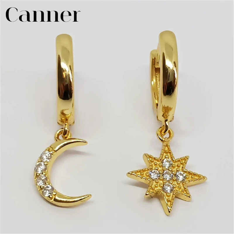 moon star gold Простые 925 пробы, серебряные, Лунные звезды, фианиты, маленькие серьги-кольца для женщин, мини золотые, серебряные, круглые серьги с молнией, ювелирные изделия - Окраска металла: moon star gold
