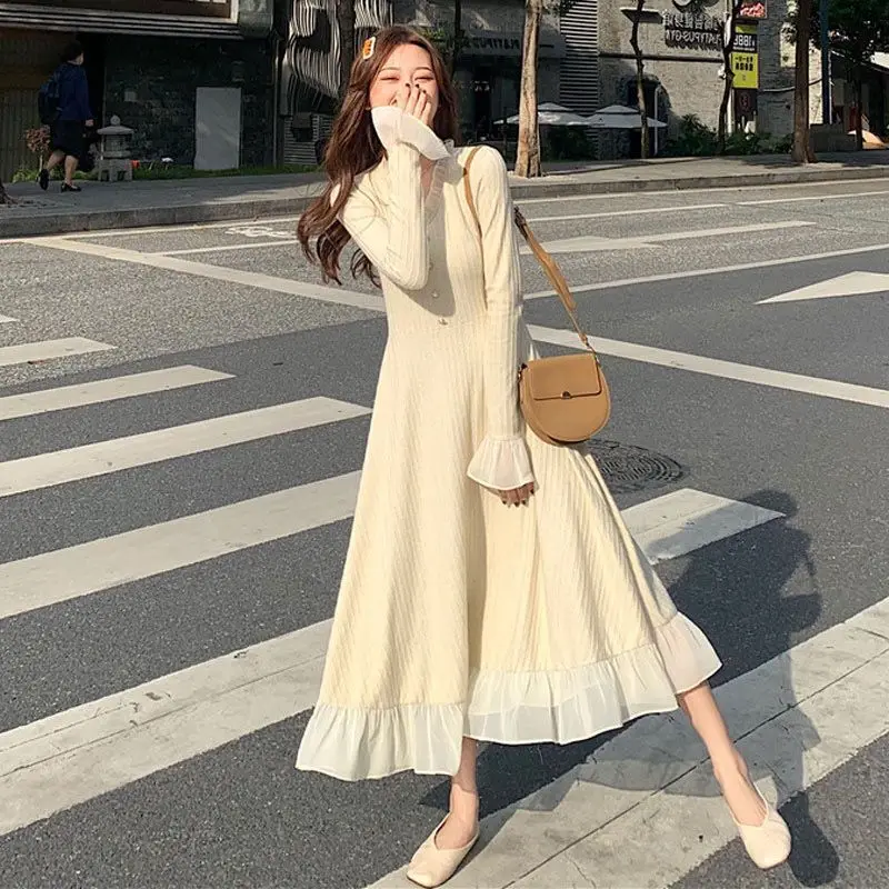 

New Winter Long Sweater Dress Women V-neck Ruffle Maxi Dresses Elegant Female A-line Slim Fishtail Knitted Dress Oversize 4XL