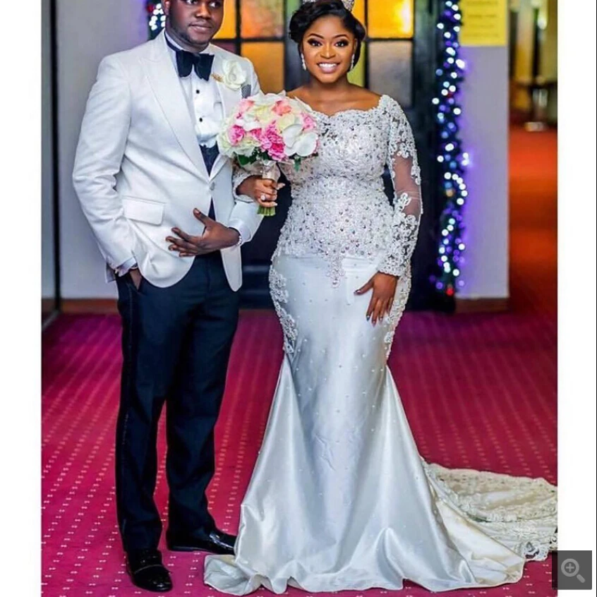 ^Cheap 2020 Nieuwe Collectie Mermaid White Satin Trouwjurken Lange Mouwen Kralen Pailletten Met Afneembare Trein Bruidsjurken Hot Koop