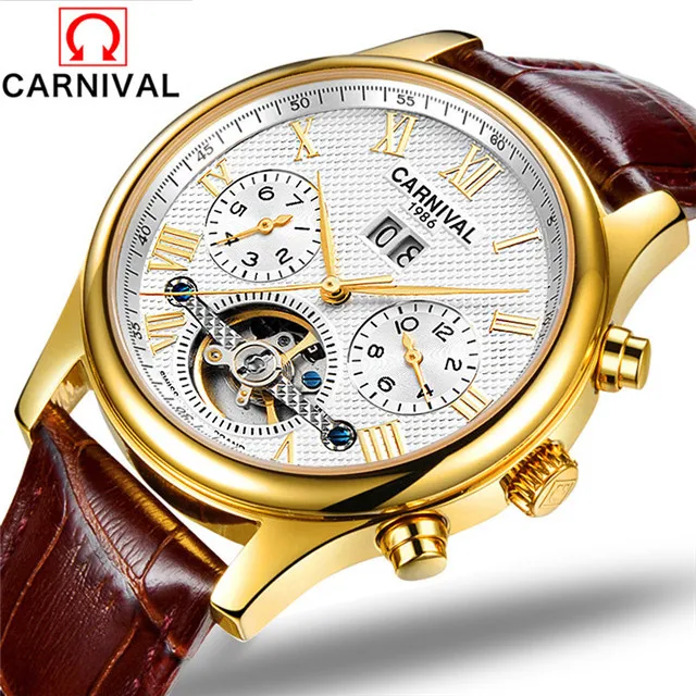 Leather Gold White Relogio Masculino, карнавал, роскошные механические Спортивные часы, мужские часы, Лидирующий бренд, неделя, месяц, дата, автоматические наручные часы, мужские часы - Цвет: Leather Gold White