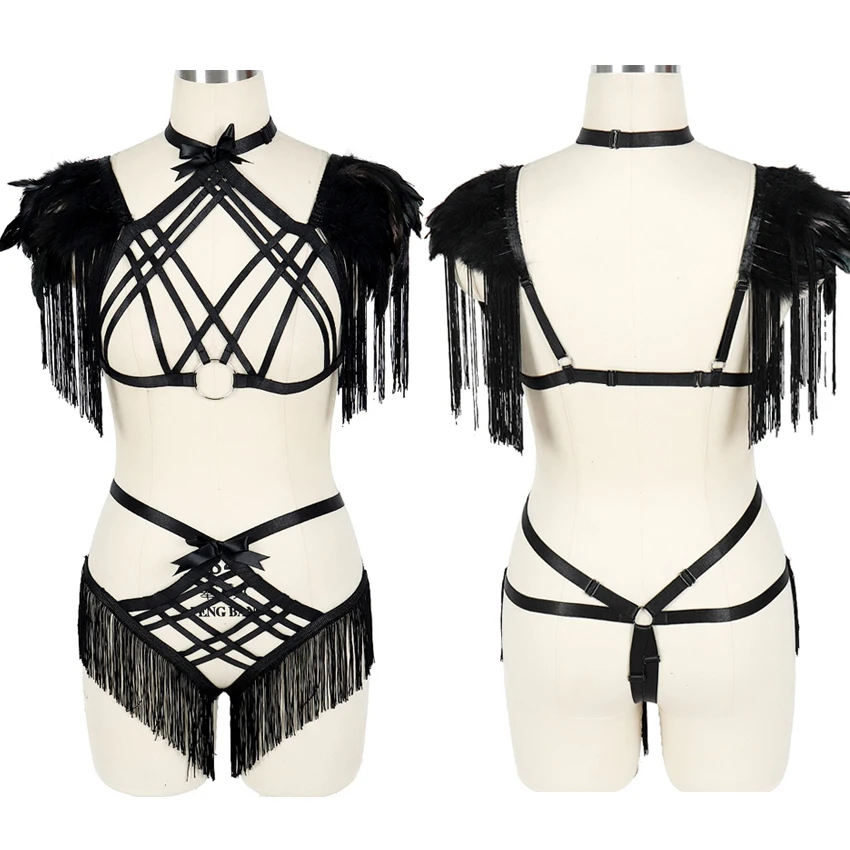Перо эполета жгут бюстгальтер набор панк готический фестивальный рейв кисточкой трусики сексуальное эластичное белье тело Связывание ремень-подвязка пояс