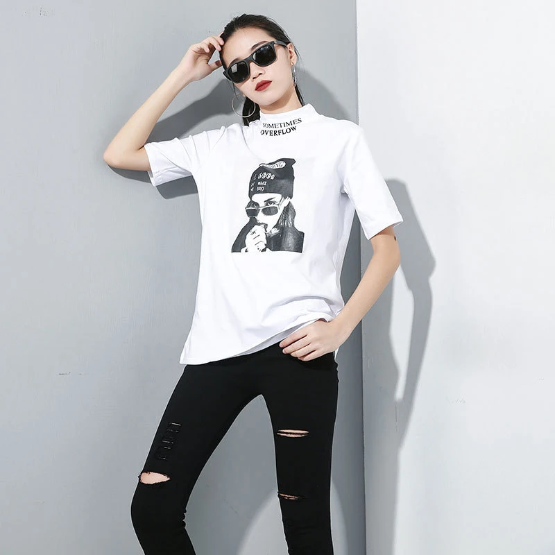 [EAM] Женская Черно-белая футболка свободного кроя с принтом, новая водолазка с коротким рукавом, модная весенняя Осенняя 1A693
