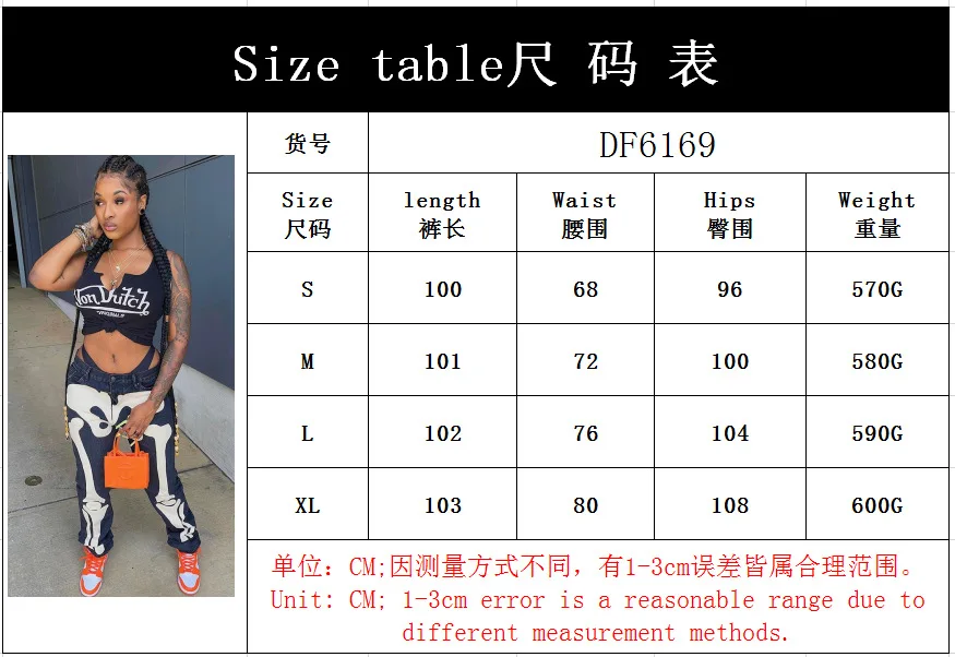 WeiYao Goth Pants Fall 2021 Skeleton Patterned Low Rise Baggy Jeans Femme Streetwear Women Black Denim Jean Trousers Cyber Y2k