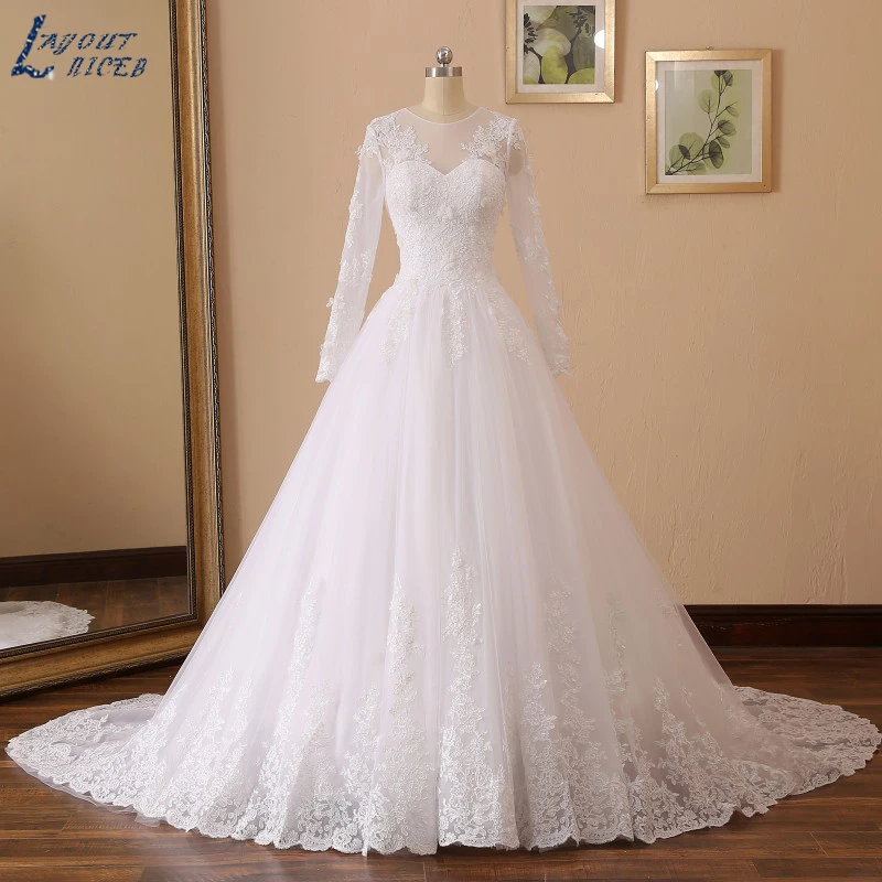 YQS001 Robe De Mariee Новое поступление свадебное платье трапециевидной формы с длинными рукавами кружевное свадебное платье с аппликацией на заказ
