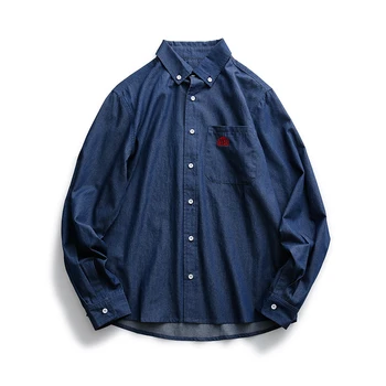 

Men Denim Shirt 2019 Autumn Letter Embroidery Man Long Sleeve 100%Cotton Turn-down Collar Basic Casual Men's Clothing Y1935