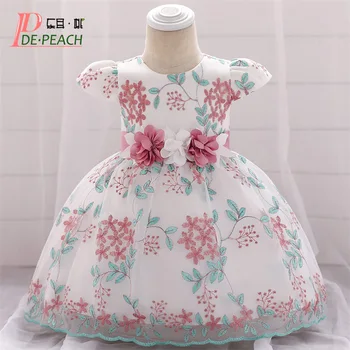 

DE PEACH Baby Infant Girl Princess Dress Baby 1Year Birthday Baptism Dress Kids Flower Embroidery Wedding Party Dress For Girls