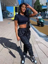  [Shesrim] New Solid Color Black Fold Drawstring Women's Loose Casual Fashion Street Trend Pants 