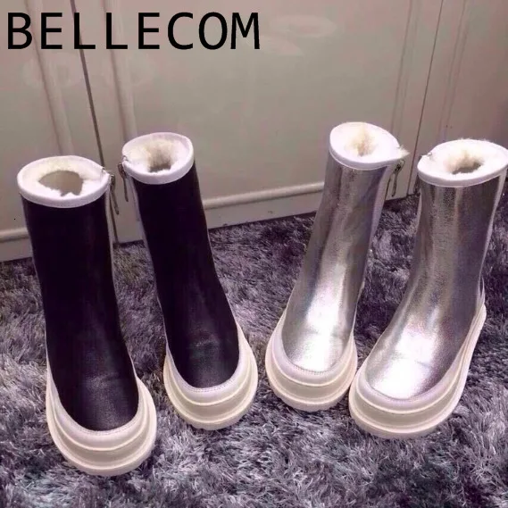 BELLECOM/зимние ботинки из натуральной кожи на толстой подошве; короткие угги; ботинки для снежного поля; Серебристые ботинки с плюшевой булочкой; утолщенная обувь