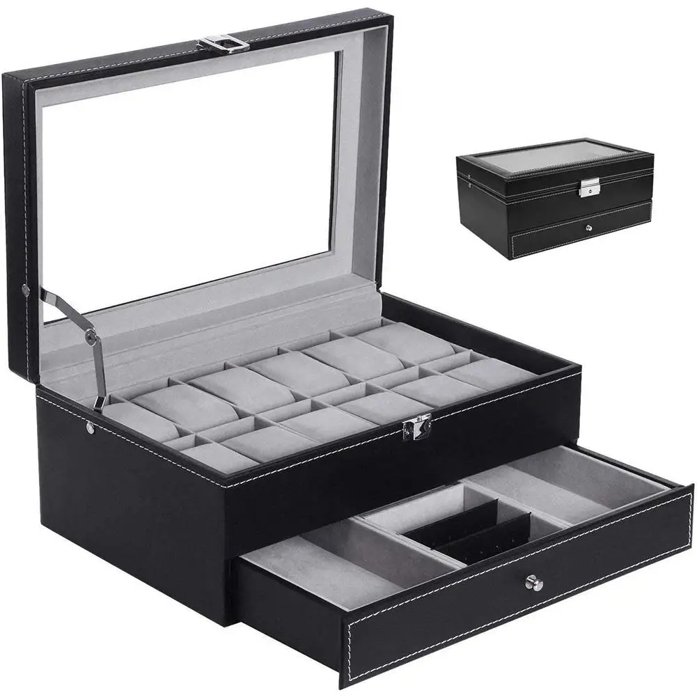 

Fashion Double Layer 12 Detachable Slot Watch Organizer Jewelry Storage Box Collection Case Faux Leather Watch Box with GlassTop