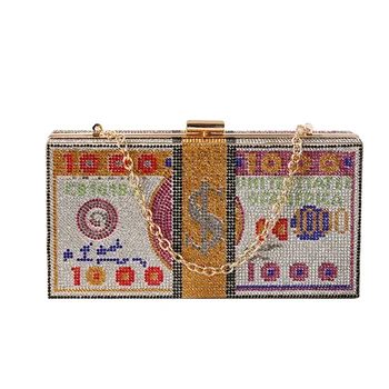 

New Luxury Rhinestones Small Square Money Dinner Purse Female Chic Handbag Party Dollars Diamonds Box Evening Clutch Bag Women