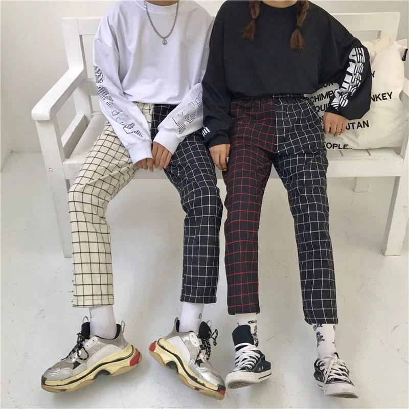 Vintage Plaid Patchwork Pants Harajuku Woman Trousers Elastics High Waist Pants Korean Causal Straight Checkerboard 2020 Autumn