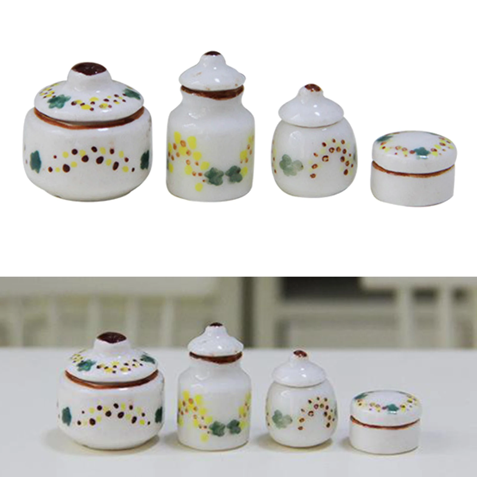4PCS 1/12 Dollhouse Miniature White Porcelain Pots Cans Kitchen Seasoning Jar Ceramic Tableware Dollhouse Accessories