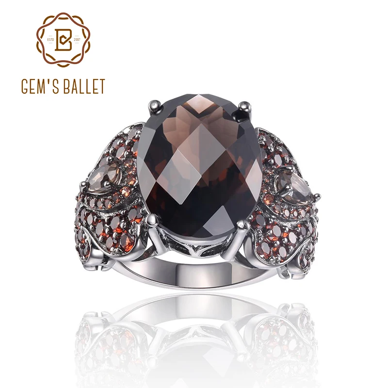 

GEM'S BALLET Natural Smoky Quartz Gemstone Ring 925 Sterling Silver Cocktail Rings Special Design OCT Cutting For Women Party