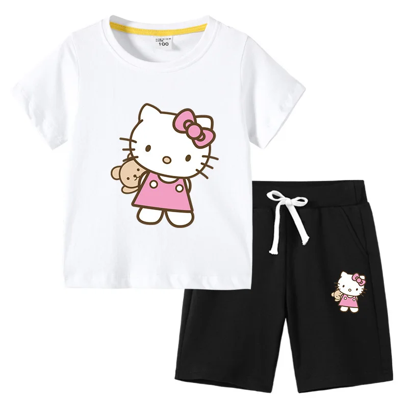 thumbnail image 1 of Camiseta con estampado de dibujos animados de verano de Hello Kitty + Pantalones casuales traje de dos piezas de manga corta de algodón para niños y niñas pueden usar, 1 of 5