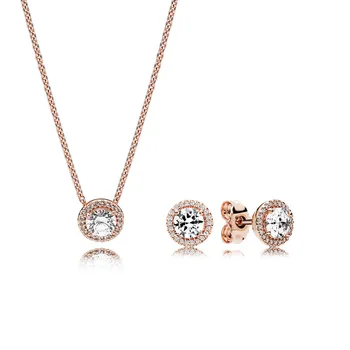 

NEW 100% 925 Sterling Silver Rose Gold Classic Elegance Earring and Necklace Set Original Clear CZ Fit Charms DIY Jewelry Gift