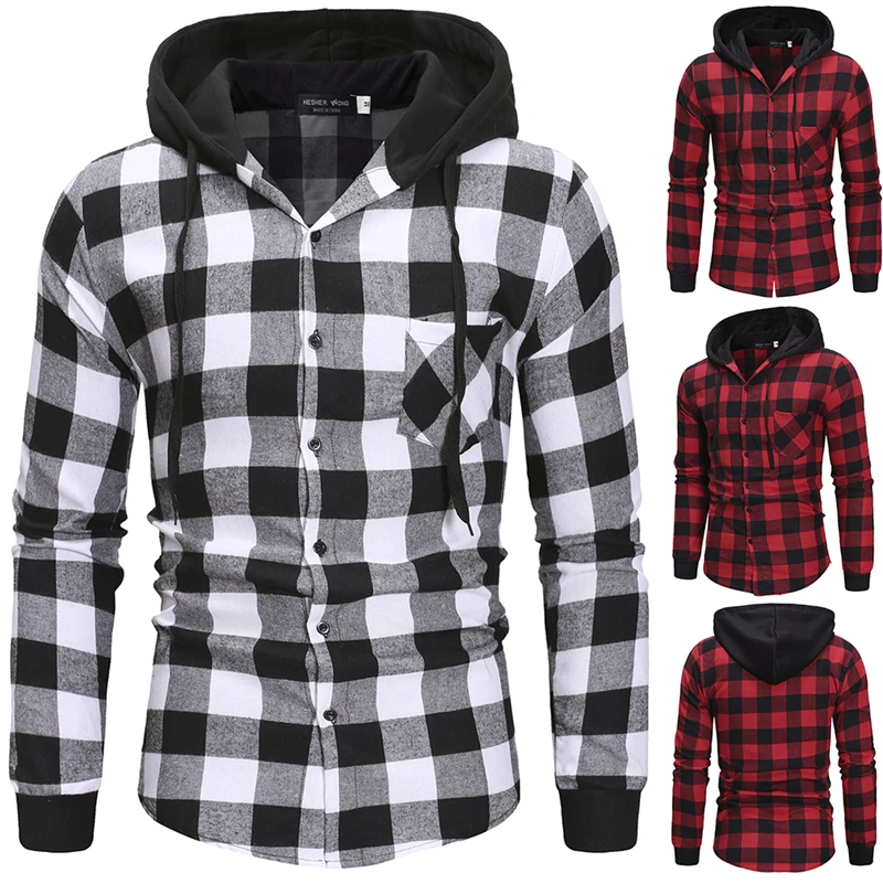 

Men's Spring Autumn Casual Hoodies Sweatshirt Fashion Classic Plaid Print Color Match Men Jacket Sweatshirt Cardigan Hooded Tops