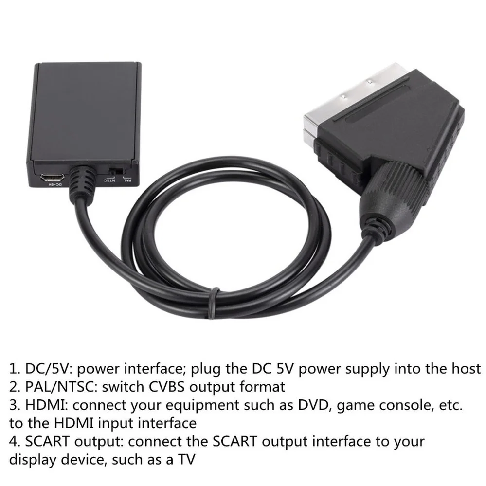 Audio Video Converter Adapter HD 1080P HDMI Input To SCART Output For HDTV DVD Sky Box STB Plug and Play DC Cables
