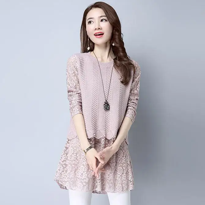 pink 03 Женское осенне-зимнее кружевное платье-свитер, Женское зимнее трикотажное платье из 2 предметов, пуловер с длинным рукавом, Vestidos H126 - Цвет: pink 03
