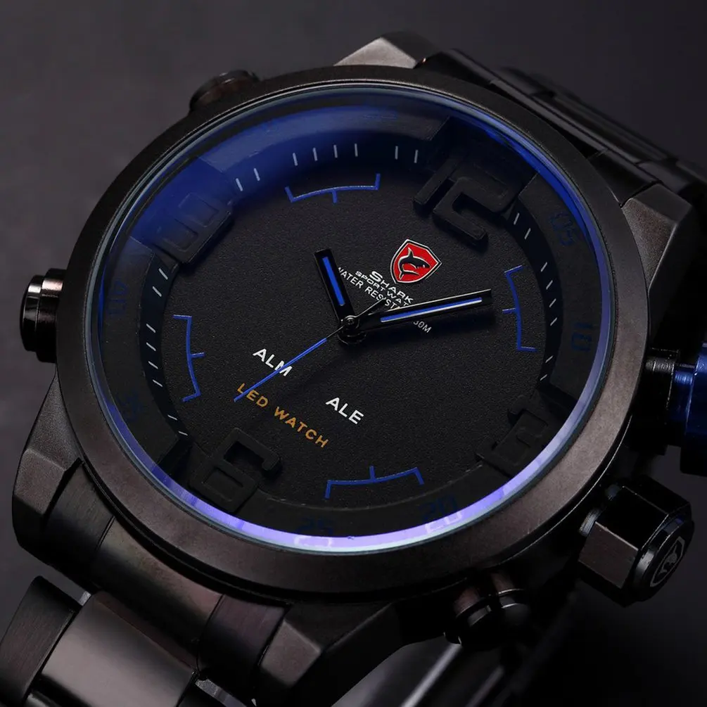Blue SH106 Брендовые мужские спортивные часы с изображением акулы, брендовые, Роскошные, полностью стальные, цифровые, с календарем, наручные часы, кварцевые, Relogio Masculino/SH103 - Цвет: Blue SH106