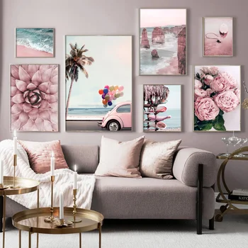 

Wall Art Canvas Painting Pink Beach Flower Surfboard Car Nordic Posters And Prints Landscape Wall Pictures For Living Room Decor