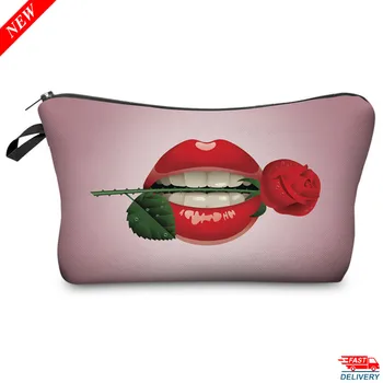

New Fashion 3D Printing Cosmetic Bag Lips Rose Women Makeup Bags Cute Small Bag Storage Makeup Bags Cosmetic Bags