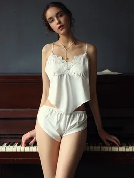 

Summer Ice Silk Sleep Wear Female Sense Apron Strap Shorts Two-piece Pajamas Suit Thin Section Home Service Pajamas for Women