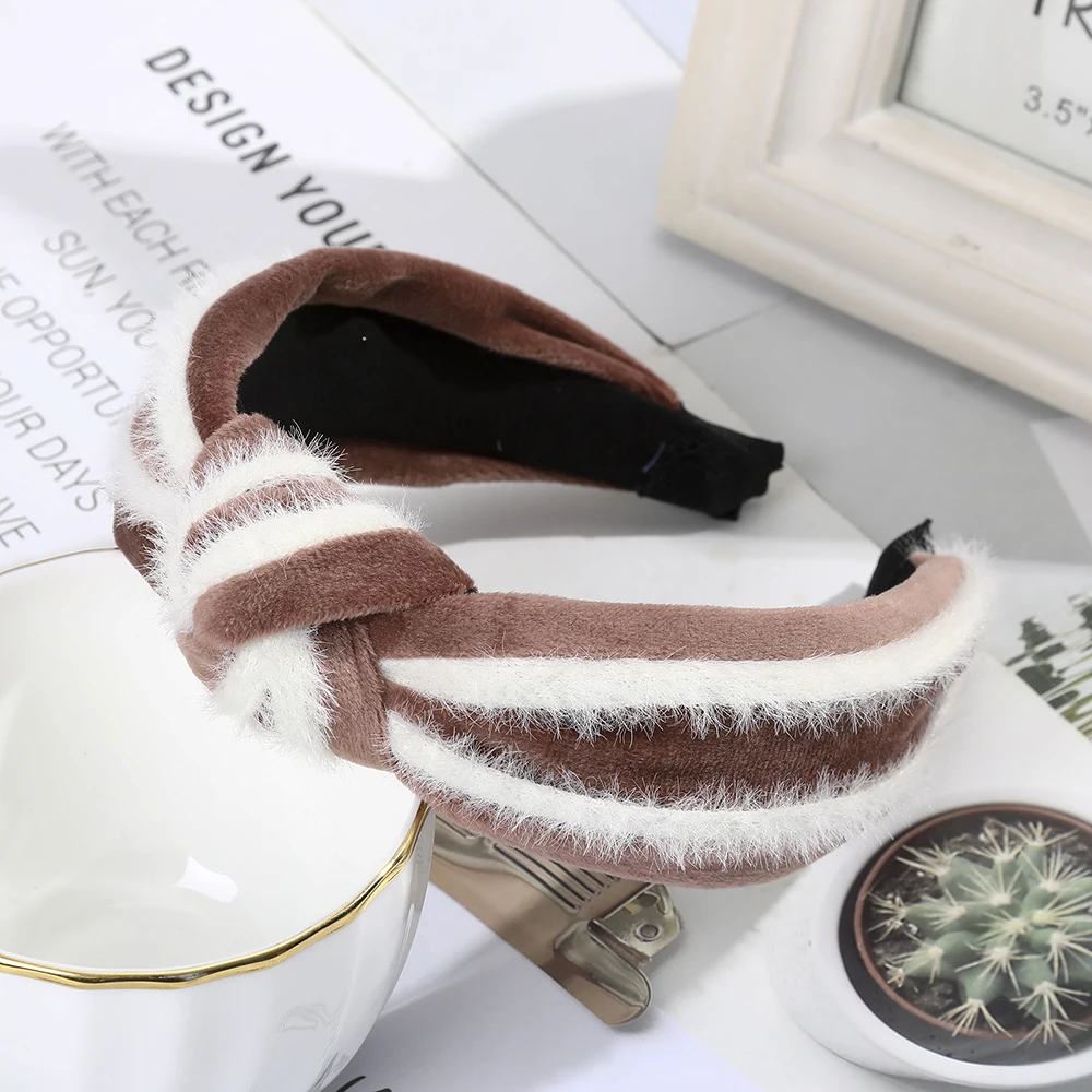 B coffee AWAYTR бархатная белая шерстяная повязка на голову для девочек, вязаная зимняя теплая повязка на голову, широкая повязка на голову, головной убор, женские аксессуары для волос - Цвет: B coffee