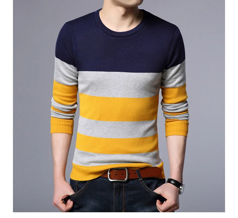 Covrlge осень зима пуловер и свитер для мужчин брендовая одежда шерстяной облегающий свитер мужской повседневный полосатый Мужской пуловер MZL054 - Цвет: Тёмно-синий