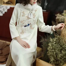 Китайское платье с вышивкой, новинка, высококачественное теплое осенне-зимнее женское пальто, меховые воротники, женская одежда, вышитая юбка чонсам