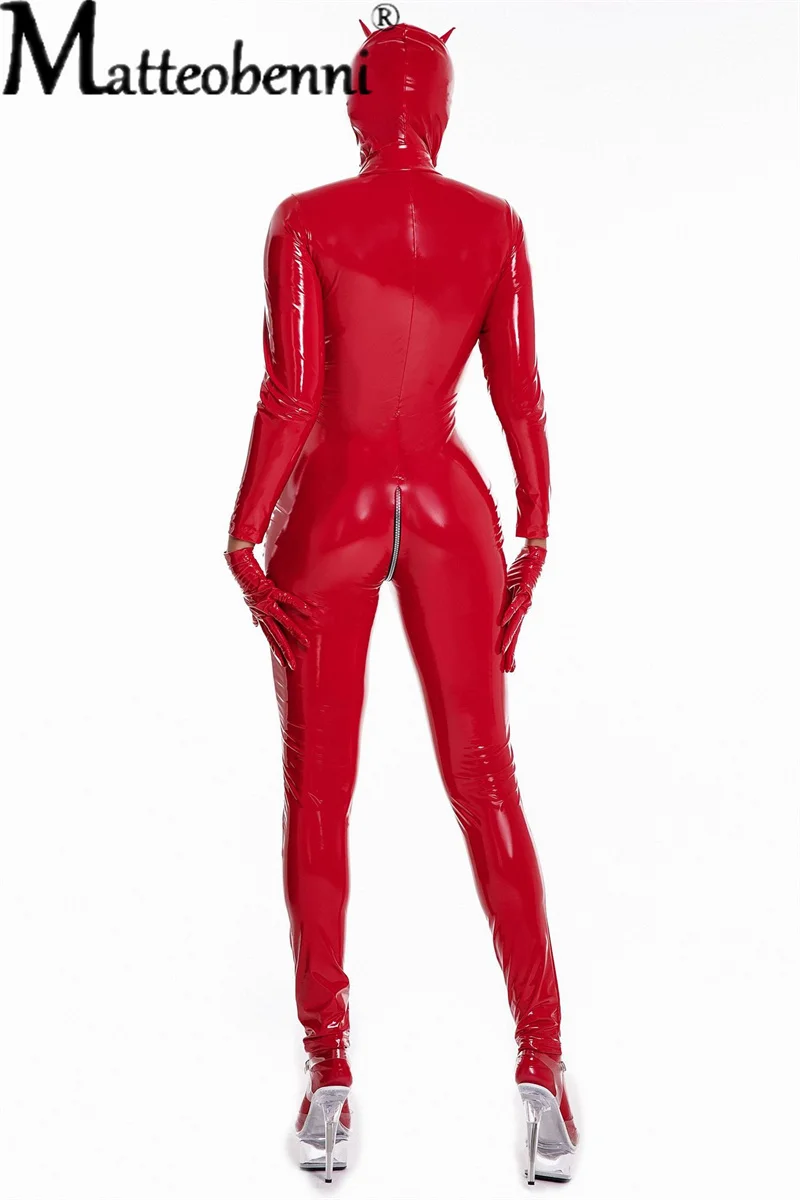 Women Sexy Wetlook Latex Catsuit with Mask PVC Faux Leather Jumpsuit Bodysuit Clubwear Oversized