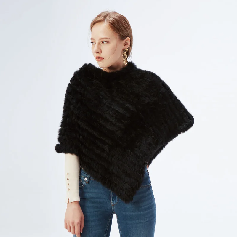 Fashion Fur Pullover For Women Knitted Genuine Rabbit Fur Poncho Capes Ladies Real Fur Knit Amic Wraps Triangle Shawls Jackets