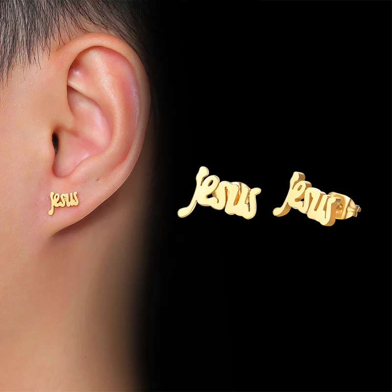 Mens Jesus Stud Earrings for Women Jewelry Gold Silver Color Black Tone Stainless Steel Small Ear Piercing | Украшения и