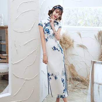 

Printed Flower Chinese Traditional Women Satin Long Cheongsam Short Sleeve Mandarin Collar Sexy Qipao Oversize 4XL