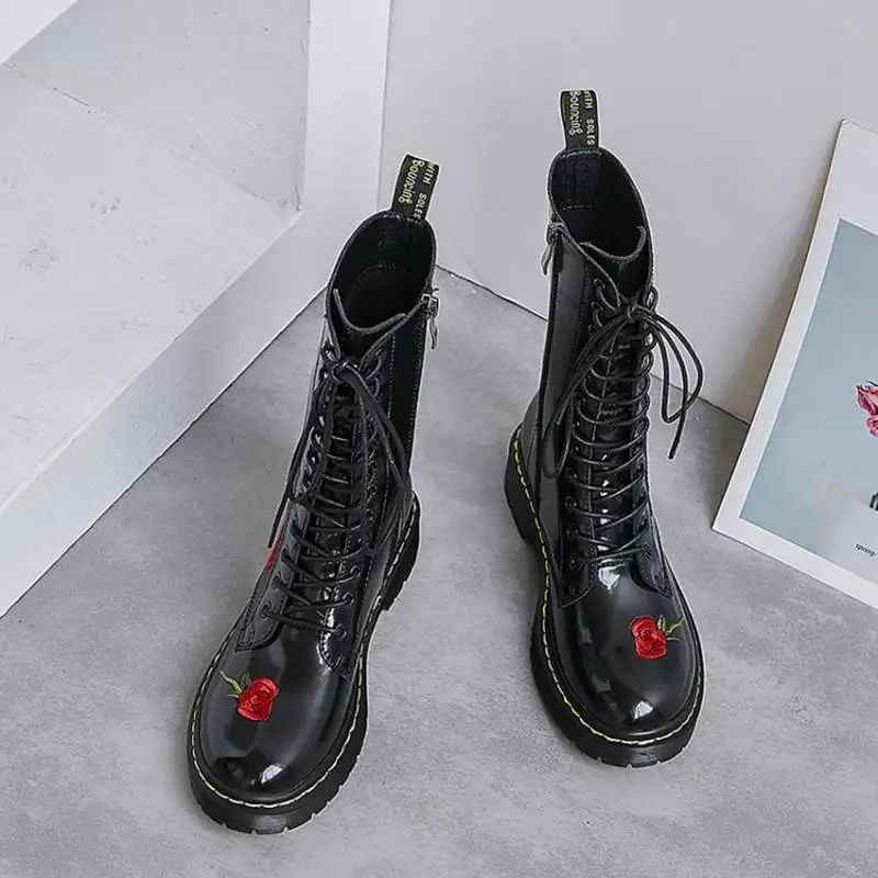 Reave cat/женские ботинки с круглым носком, на квадратном каблуке, из кожи с натуральным лицевым покрытием, на шнуровке, на молнии, с вышитыми цветами, размеры 34-39, черный цвет, повседневная Осенняя обувь, A2599