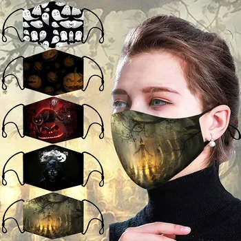 

Unisex Halloween Printing Mask Washable Dustproof Anti-spitting Face Mask with 2 filters Reusable Breathable Protective masque
