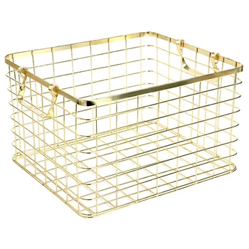 

Metal Storage Basket Chic Nordic Handmade Iron Net Table Shelves Basket Bath Clothes Cosmetics Storage Basket-Gold