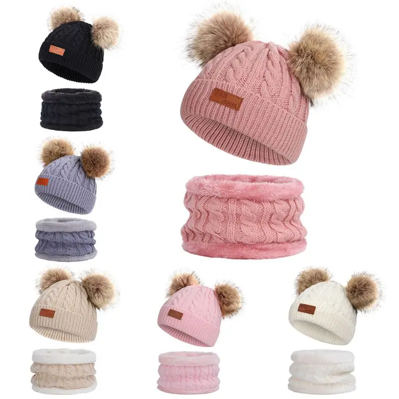 Kids Winter Beanie Hat Infinity Scarf Set Cute Fluffy Pompom Cap Neck Warmer NEW