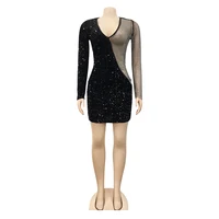 Sexy Glitter Sequined Patchwork Mini Dress WoV Neck See Through Bodyconwear Dress Birthday Outfits