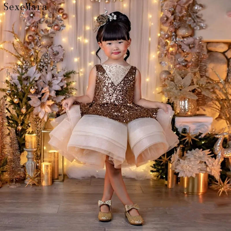 

Sequin Gold Baby Girl Dress V Neck Sleeveless Flower Girl Dress Knee Length Dresses For Girls Bow Puffy Party Gown