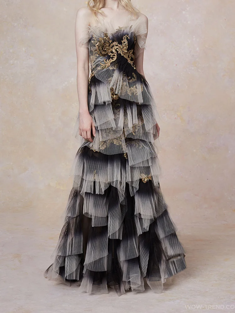 

Evening fishtail black long Dress off the shoulder Elegant Mesh Cascading Ruffles Vestidos Strapless Celebrity Party birthday