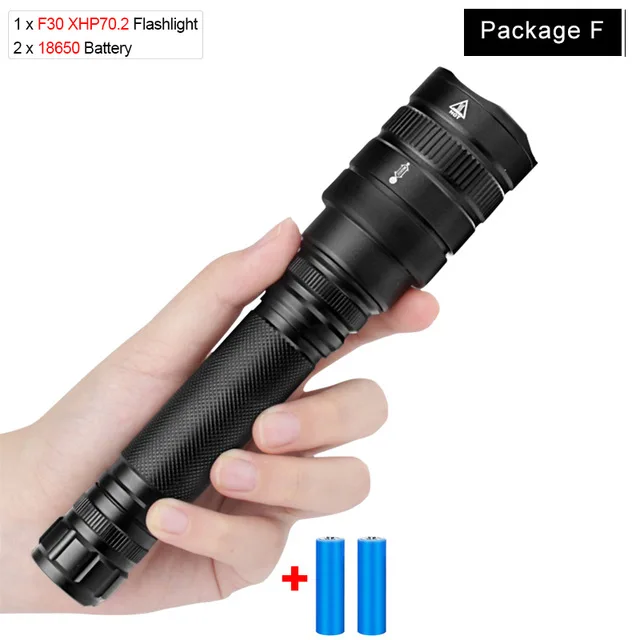 Package F Супер мощный фонарик xhp70.2 ультра яркая лампа usb Zoom linterna светодиодный фонарь xhp70 xhp50 18650 или 26650 лучшая рыбалка кемпинг - Испускаемый цвет: Package F