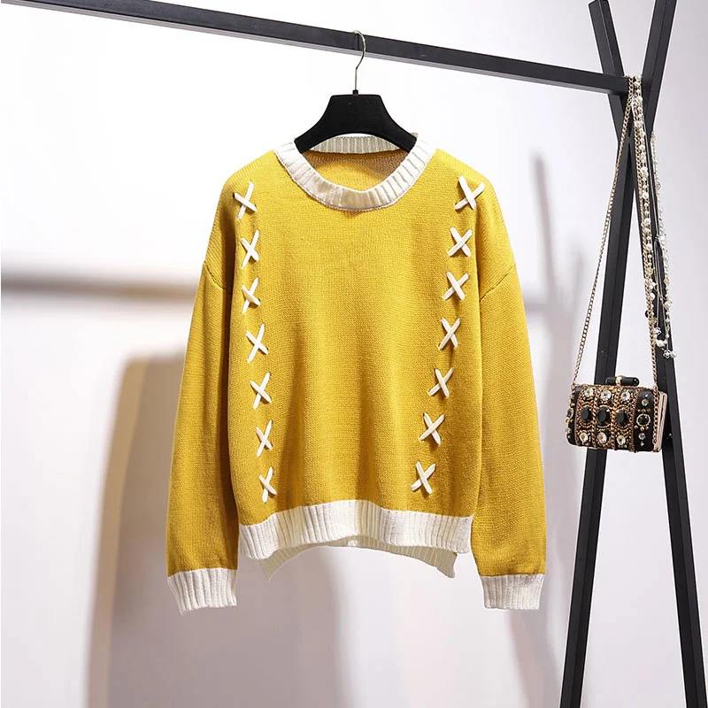 Trytree/осенне-зимний женский комплект из двух предметов, повседневный Вязаный топ с круглым вырезом и перекрестной лентой+ юбка, клетчатый мини-офисный комплект из 2 предметов - Цвет: Yellow Sweater